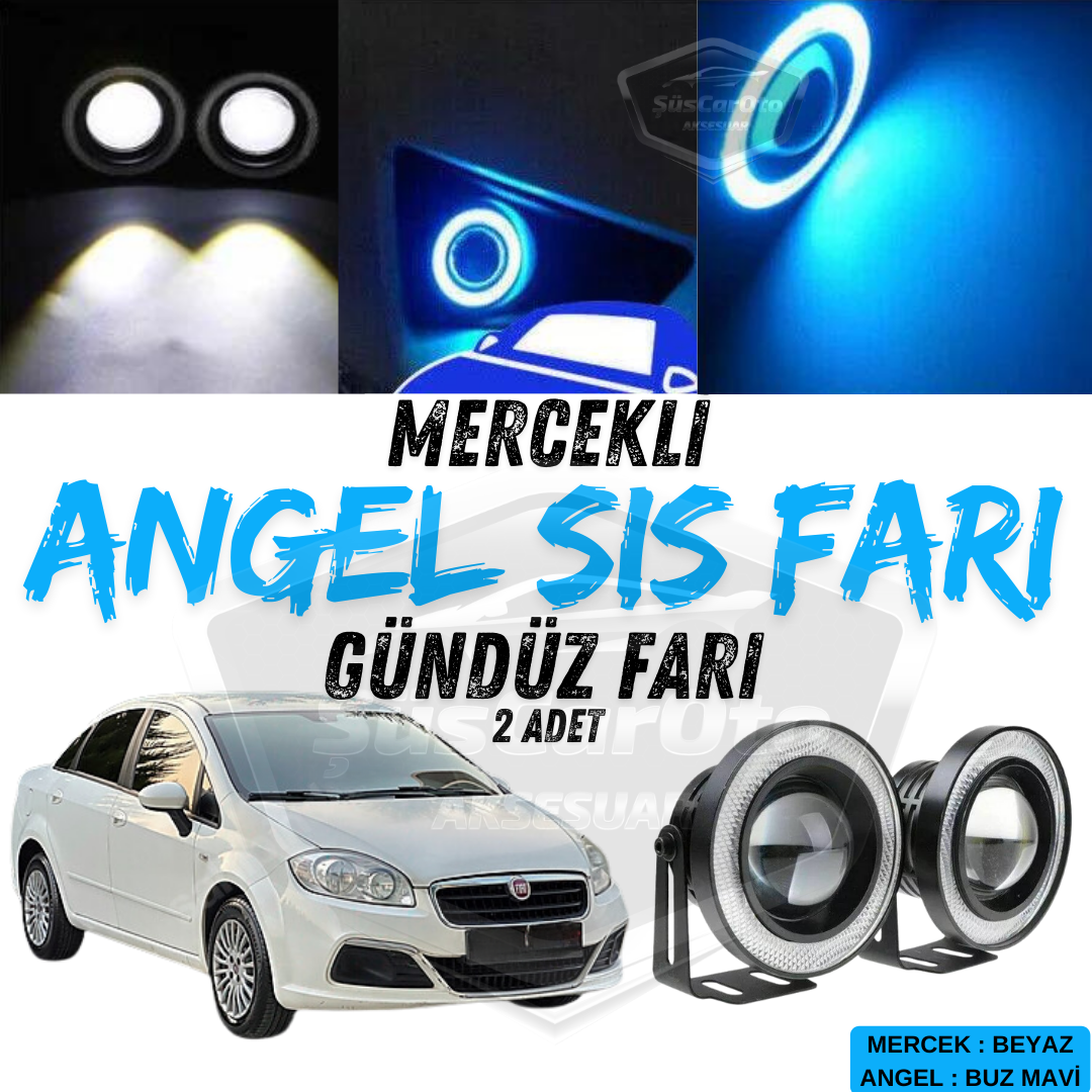 Faro antiniebla universal Fiat Linea 2007-2018 con lentes Angel Eyes, carcasa metálica, impermeable, 76 mm, halo azul hielo, 2 unidades.