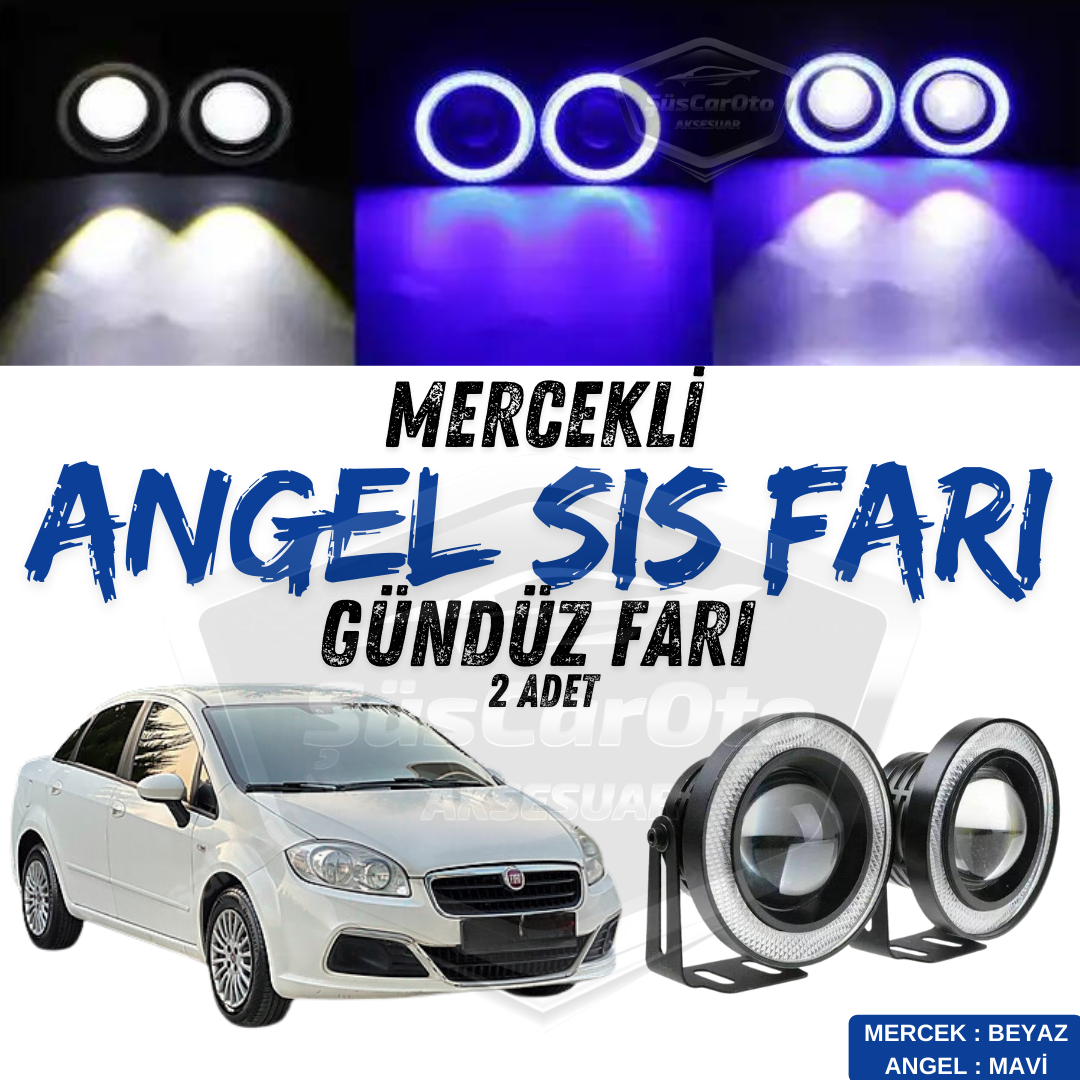 Antiniebla universal Angel Eyes de 76 mm con lente compatible con Fiat Linea 2007-2018, resistente al agua, con anillo azul, luz diurna, 2 unidades