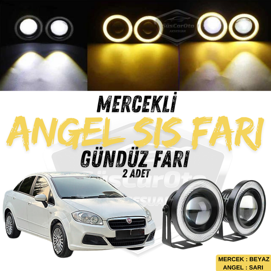Faros antiniebla universales Angel Eye con proyector de lente, metálicos, impermeables, de 76 mm, con anillo amarillo, luz diurna, compatibles con Fiat Linea 2007-2018, 2 unidades