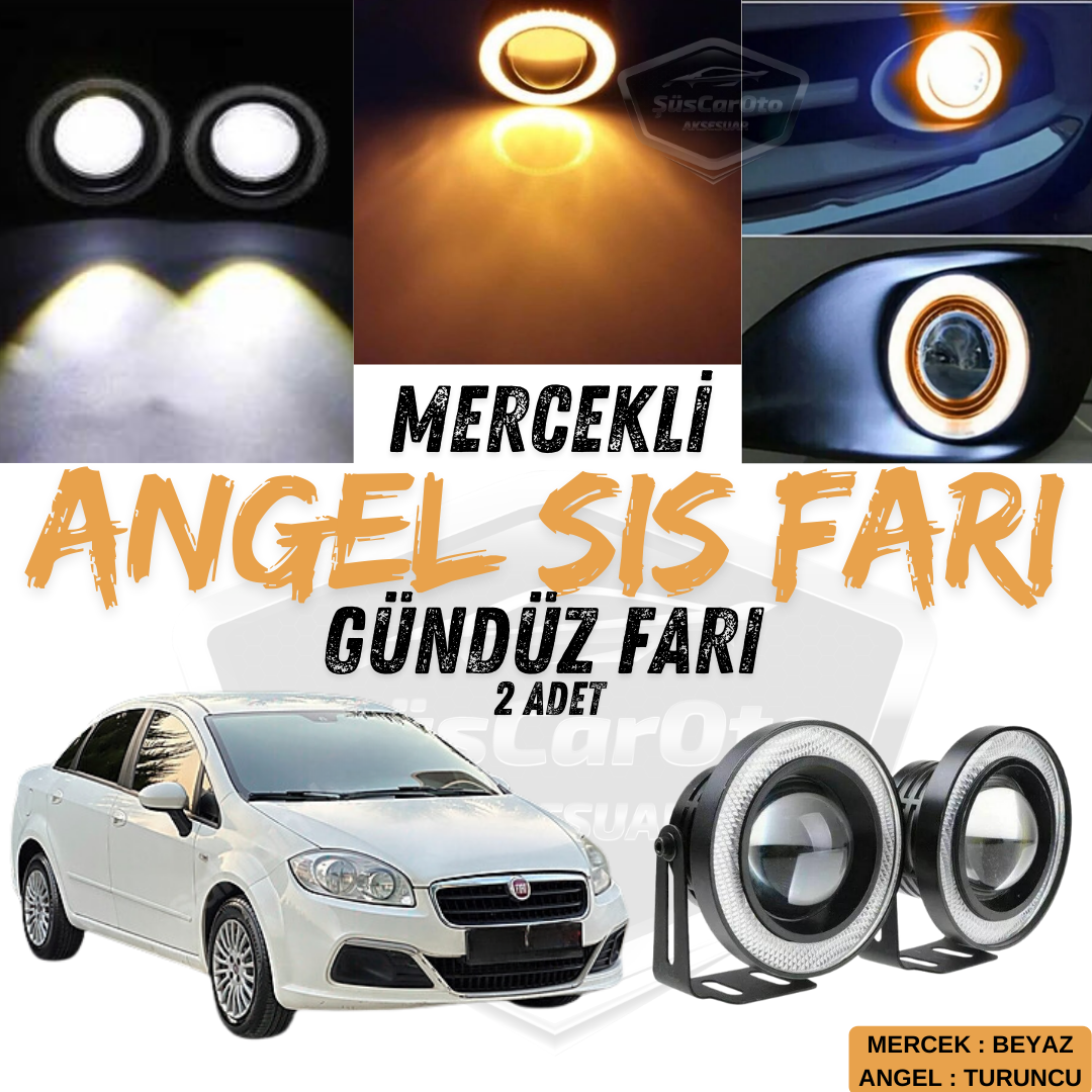 Fiat Linea 2007-2018 - Faros antiniebla universales con lupa, Angel Eye de metal, impermeables, 76 mm, con aro naranja, luces diurnas, 2 unidades