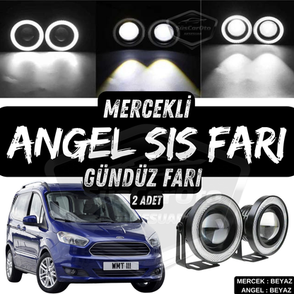 Faros antiniebla universales de lente de ángel compatibles con Ford Courier 2014-2023, de metal, impermeables, 76 mm, con anillo blanco, luces diurnas Angel Eyes, 2 unidades