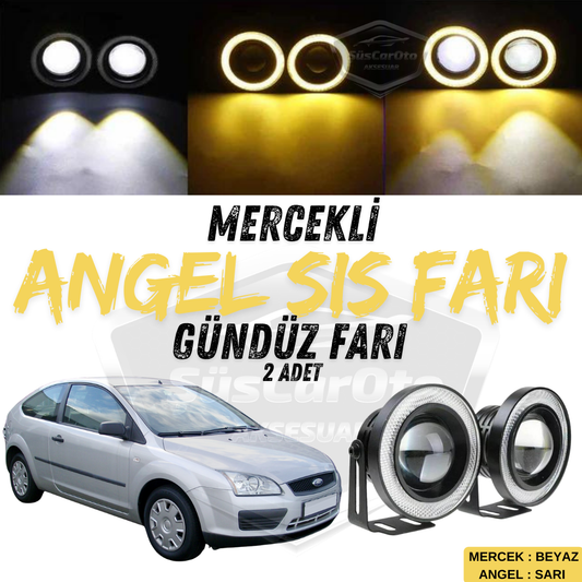 Ford Focus 2 2004-2008 compatible faros antiniebla universales con lente Angel Eye, 76 mm, carcasa metálica, impermeables, con aro amarillo, luces diurnas Angel Eyes, 2 unidades.