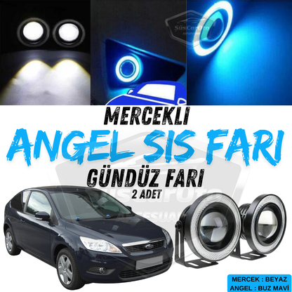 Ford Focus 2.5 2009-2011 Antinieblas Universales Angel Eye 76mm con Lupa, Carcasa Metálica, Resistente al Agua, Anillo Azul Hielo, Luz Diurna, 2 Unidades