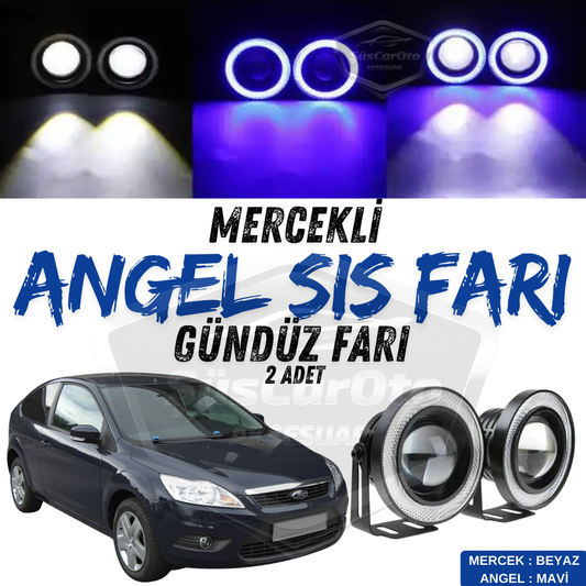 Ford Focus 2.5 2009-2011 Compatible Faro antiniebla universal con lente Angel, anillo azul metálico impermeable de 76 mm, luz diurna Angel Eyes 2 unidades
