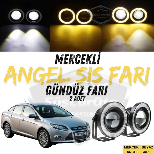 Ford Focus 3 2011-2014 Far antiniebla universal con proyector tipo Angel Eye 76mm, carcasa metálica impermeable, luz diurna y anillo amarillo - 2 unidades