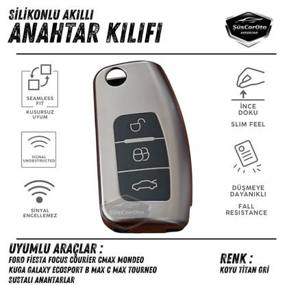 Funda de silicona para llave compatible con Ford Focus Fiesta Courier Cmax Mondeo Kuga Galaxy Ecosport B Max C Max Tourneo, tapa para llave de coche, llavero amortiguador, gris titanio oscuro PNT115
