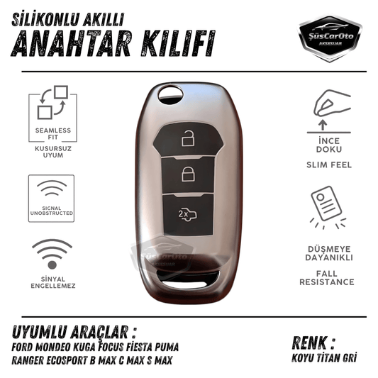 Funda de silicona para llave Ford Focus Fiesta Kuga Mondeo Puma Ranger Ecosport Bmax Cmax Smax plegable, carcasa para llave de coche, llavero amortiguador, gris titanio oscuro PNT117