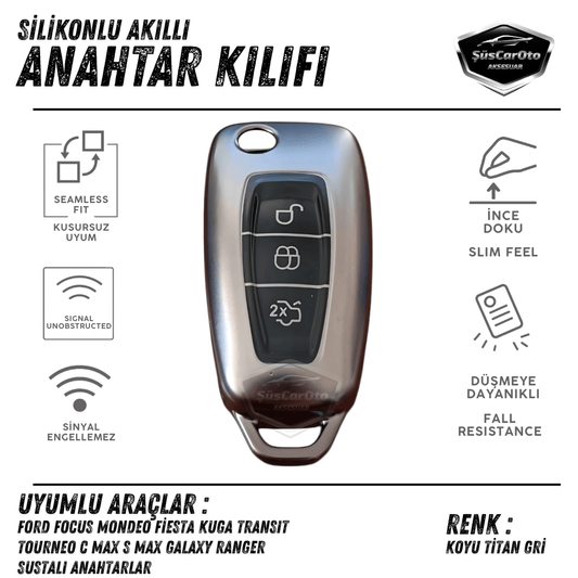 Funda de llave de silicona para Ford Focus, Fiesta, Kuga, Mondeo, Transit, Tourneo, Ranger, Galaxy, Cmax, Smax, con llave plegable, carcasa para llave de coche, llavero amortiguador, gris titanio oscuro PNT116