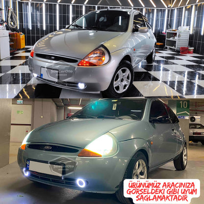 2 faros antiniebla universales Angel Eyes con lente, metálicos, impermeables, de 76 mm, con aro blanco, para Ford Ka 1996-2008