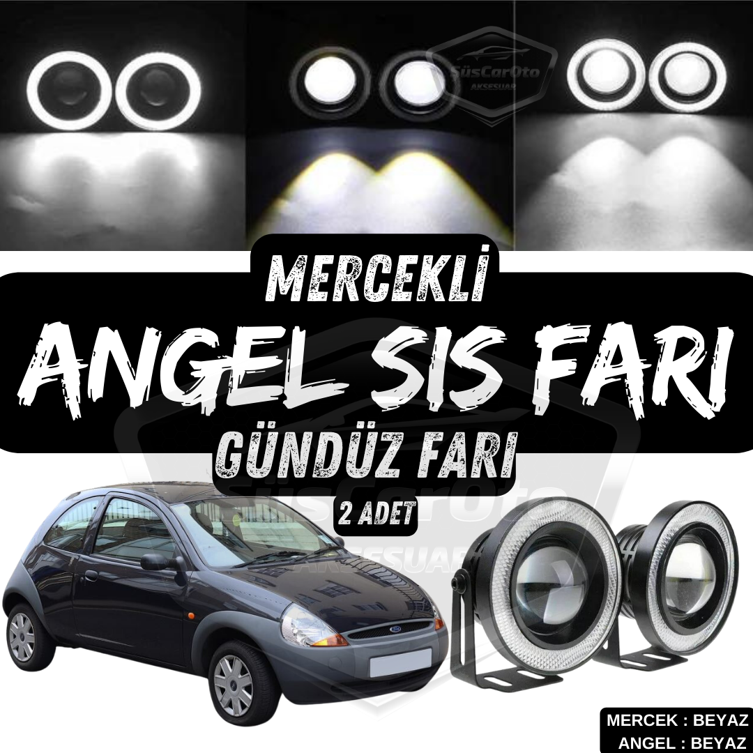 2 faros antiniebla universales Angel Eyes con lente, metálicos, impermeables, de 76 mm, con aro blanco, para Ford Ka 1996-2008