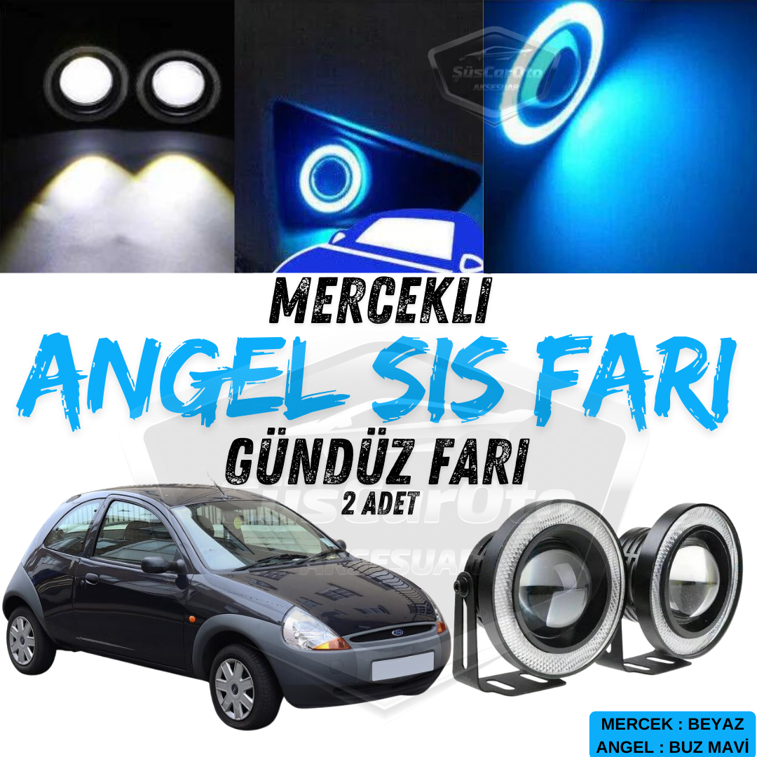 Ford Ka 1996-2008 Faros antiniebla Angel universales con lente, carcasa de metal, impermeables, 76 mm, halo azul hielo, luz diurna Angel Eyes, 2 unidades