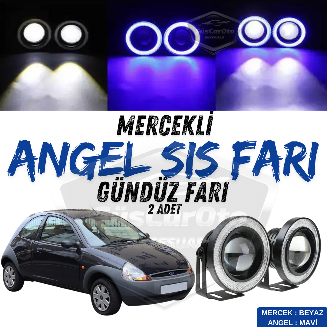 2 faros antiniebla universales Angel Angel con lente Angel Eyes de 76 mm, halo azul, metal, resistente al agua, compatibles con Ford Ka 1996-2008