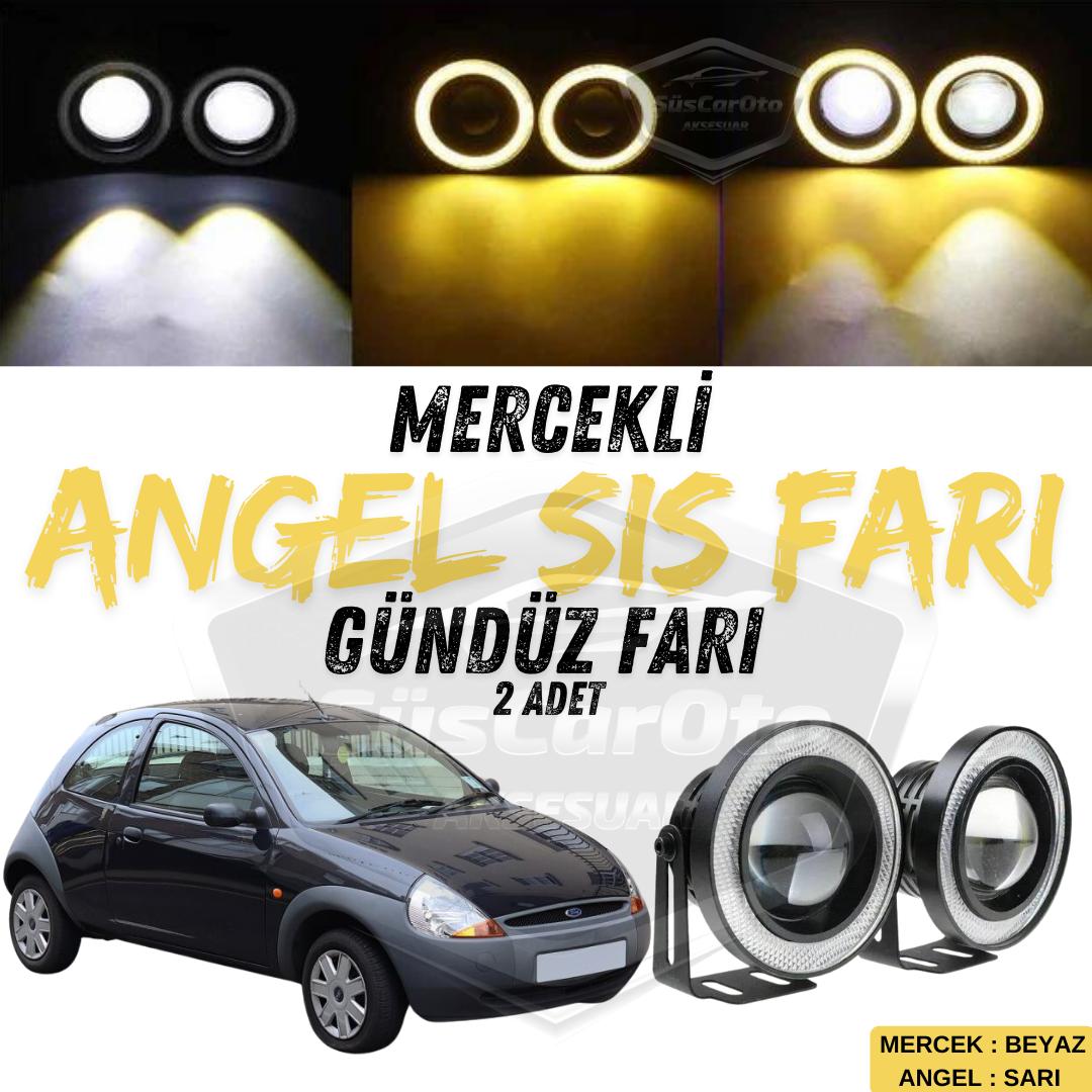 Ford Ka 1996-2008 Faros antiniebla universales Angel Eyes con lente, metal, impermeables, 76 mm, con anillo amarillo, luz diurna, 2 unidades