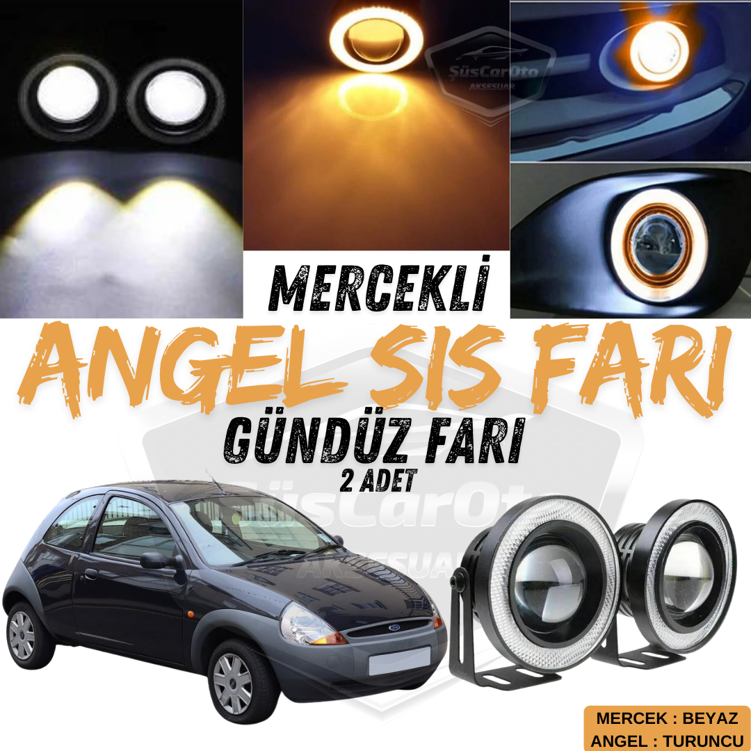 Faro antiniebla universal con proyector Angel Eyes compatible con Ford Ka 1996-2008, metal, impermeable, 76 mm, con halo naranja, luz diurna, 2 unidades