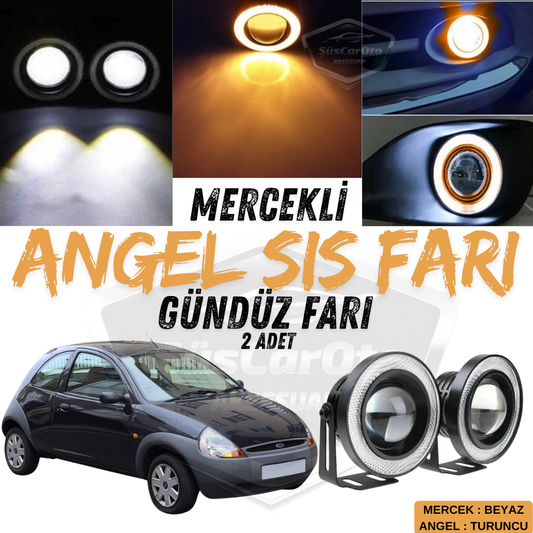 Faro antiniebla universal con proyector Angel Eyes compatible con Ford Ka 1996-2008, metal, impermeable, 76 mm, con halo naranja, luz diurna, 2 unidades