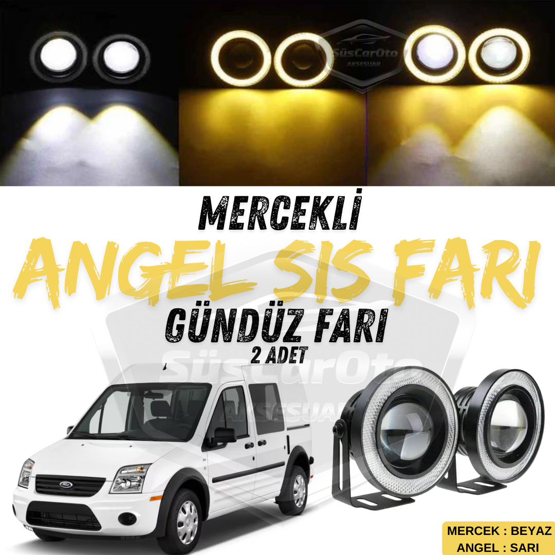 2 faros antiniebla universales Angel Eye con lente de metal a prueba de agua de 76 mm con aro amarillo y luz diurna, compatibles con Ford Transit Connect 2002-2013