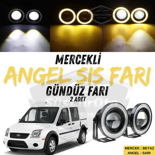 2 faros antiniebla universales Angel Eye con lente de metal a prueba de agua de 76 mm con aro amarillo y luz diurna, compatibles con Ford Transit Connect 2002-2013