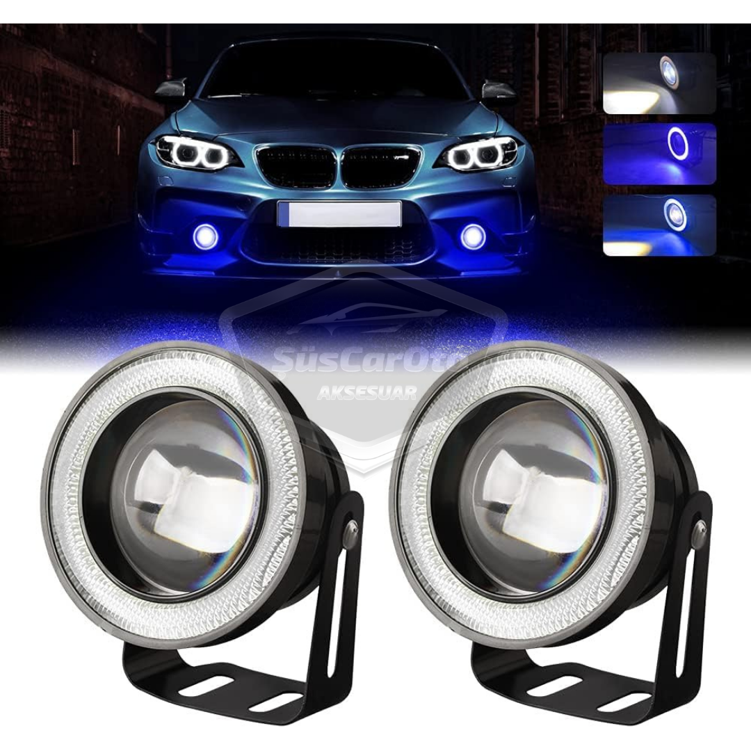 Faro Antiniebla Universal Angel Eyes Metálico Impermeable de 76 mm con Anillo Azul y Luz Diurna para Todos los Modelos Ford Transit, 2 Unidades