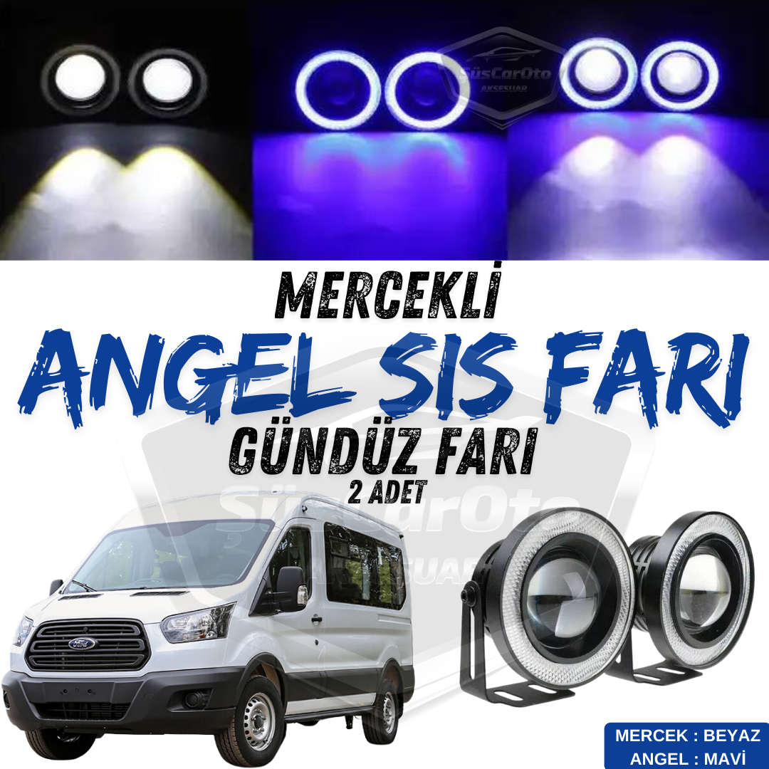 Faro Antiniebla Universal Angel Eyes Metálico Impermeable de 76 mm con Anillo Azul y Luz Diurna para Todos los Modelos Ford Transit, 2 Unidades