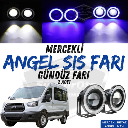 Faro Antiniebla Universal Angel Eyes Metálico Impermeable de 76 mm con Anillo Azul y Luz Diurna para Todos los Modelos Ford Transit, 2 Unidades