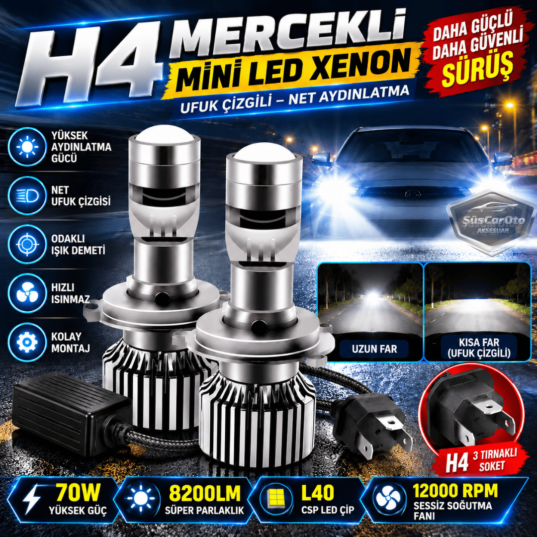 H4 Lazer Mercekli Far Ampulü Ufuk Çizgili Otomobil Araç Motosiklet Uyumlu Profesyonel Mini Projektör LED Beyaz Led Xenon Lamba 8200LM Şimşek Etkili Uzun Kısa 2 Adet 9/32v 70W