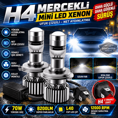 H4 Lazer Mercekli Far Ampulü Ufuk Çizgili Otomobil Araç Motosiklet Uyumlu Profesyonel Mini Projektör LED Beyaz Led Xenon Lamba 8200LM Şimşek Etkili Uzun Kısa 2 Adet 9/32v 70W