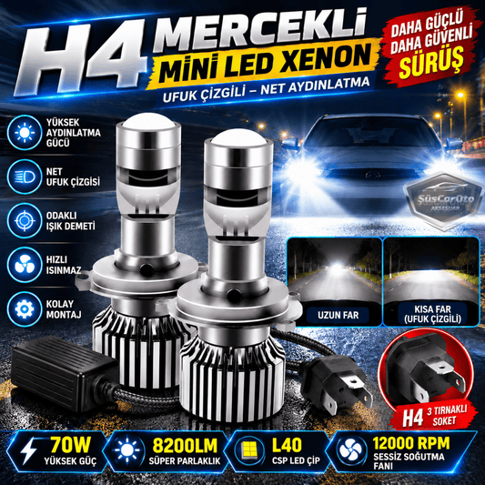 H4 Lazer Mercekli Far Ampulü Ufuk Çizgili Otomobil Araç Motosiklet Uyumlu Profesyonel Mini Projektör LED Beyaz Led Xenon Lamba 8200LM Şimşek Etkili Uzun Kısa 2 Adet 9/32v 70W