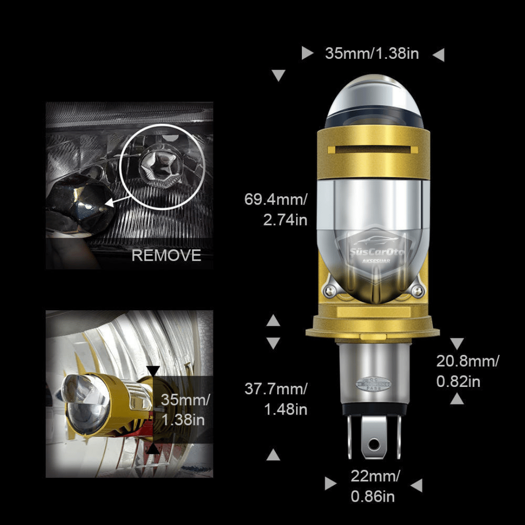 H4 Lazer Mercekli Ufuk Çizgili Far Ampulü Otomobil Araç Motosiklet Uyumlu Profesyonel Mini Projektör LED Beyaz Led Xenon Lamba Şimşek Etkili Uzun Kısa 2 Adet 40w 12/24v