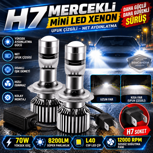 H7 Lazer Mercekli Far Ampulü Ufuk Çizgili Otomobil Araç Motosiklet Uyumlu Profesyonel Mini Projektör LED Beyaz Led Xenon Lamba 8200LM Şimşek Etkili Uzun Kısa 2 Adet 9/32v 70W