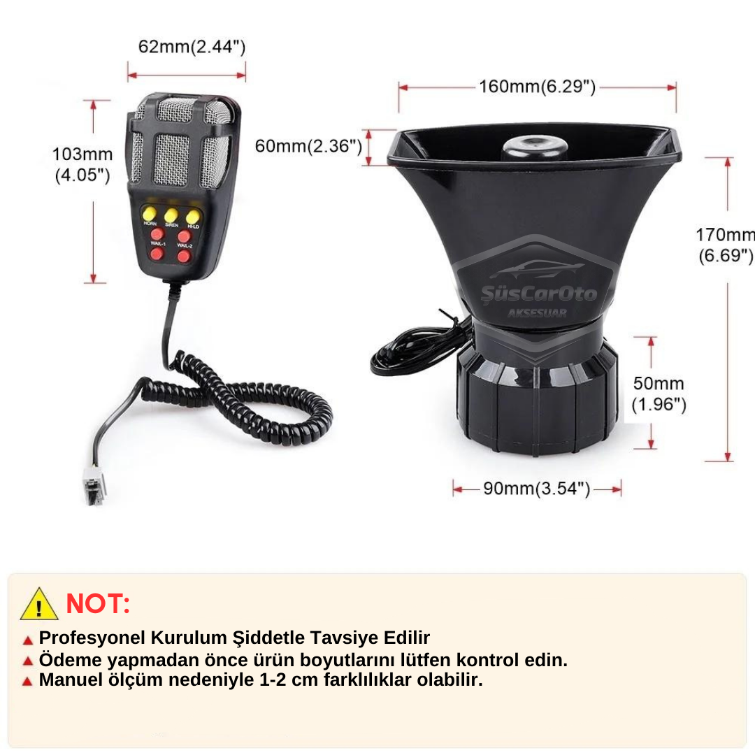 Sirena de coche potente de 7 tonos, bocina de sirena universal con megáfono y micrófono, 12 V, 100 W