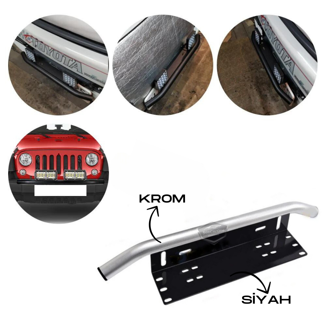 Base de matrícula y barra de protección compatibles con todos los vehículos, soporte de niebla SUV 4X4 Off Road, soporte de montaje LED, soporte LED para matrícula Cromado PLK35