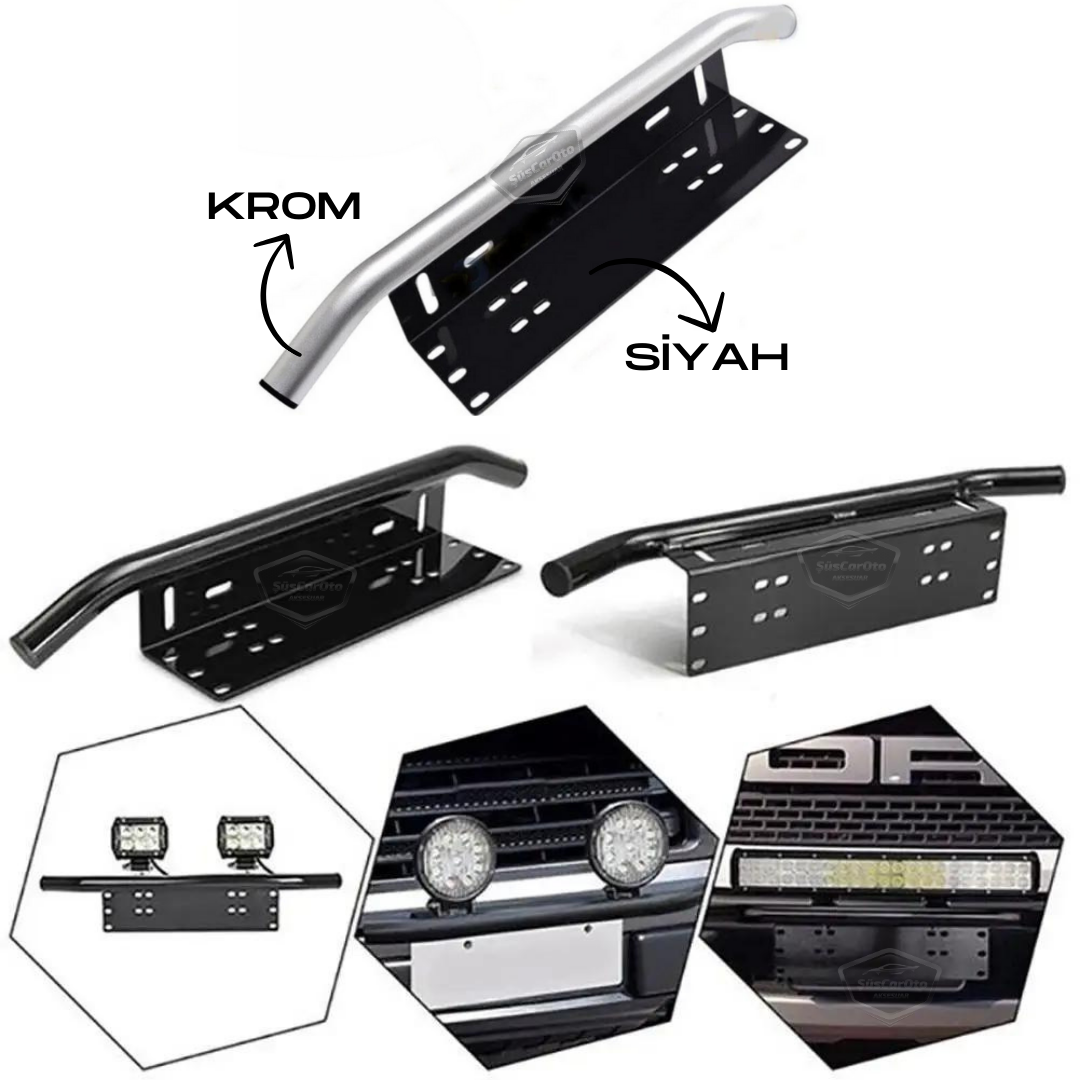 Base de matrícula y barra de protección compatibles con todos los vehículos, soporte de niebla SUV 4X4 Off Road, soporte de montaje LED, soporte LED para matrícula Cromado PLK35