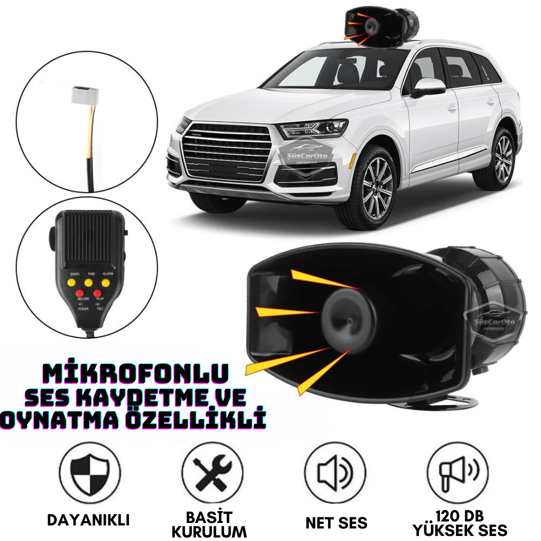 Sirena universal para coche con función de grabación y reproducción de sonido, 3 tonos de sirena diferentes, sirena de policía potente, megáfono con micrófono, bocina de 12 V 100 W ONSR25