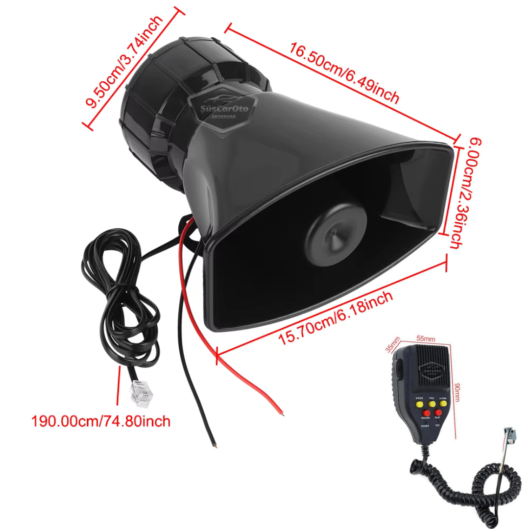 Sirena universal para coche con función de grabación y reproducción de sonido, 3 tonos de sirena diferentes, sirena de policía potente, megáfono con micrófono, bocina de 12 V 100 W ONSR25