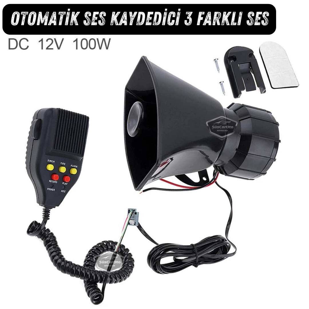 Sirena universal para coche con función de grabación y reproducción de sonido, 3 tonos de sirena diferentes, sirena de policía potente, megáfono con micrófono, bocina de 12 V 100 W ONSR25