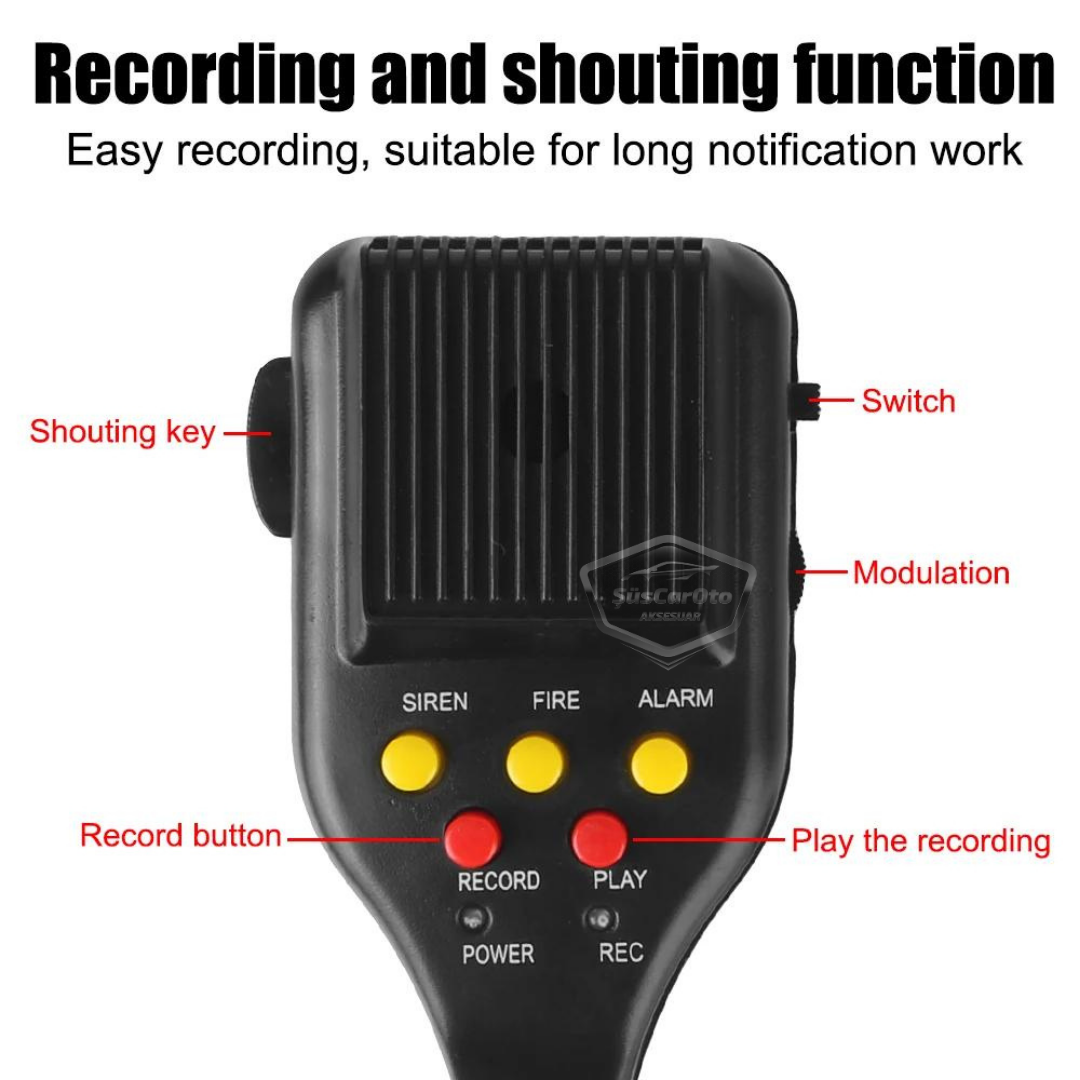 Sirena universal para coche con función de grabación y reproducción de sonido, 3 tonos de sirena diferentes, sirena de policía potente, megáfono con micrófono, bocina de 12 V 100 W ONSR25