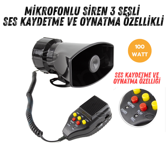 Sirena universal para coche con función de grabación y reproducción de sonido, 3 tonos de sirena diferentes, sirena de policía potente, megáfono con micrófono, bocina de 12 V 100 W ONSR25