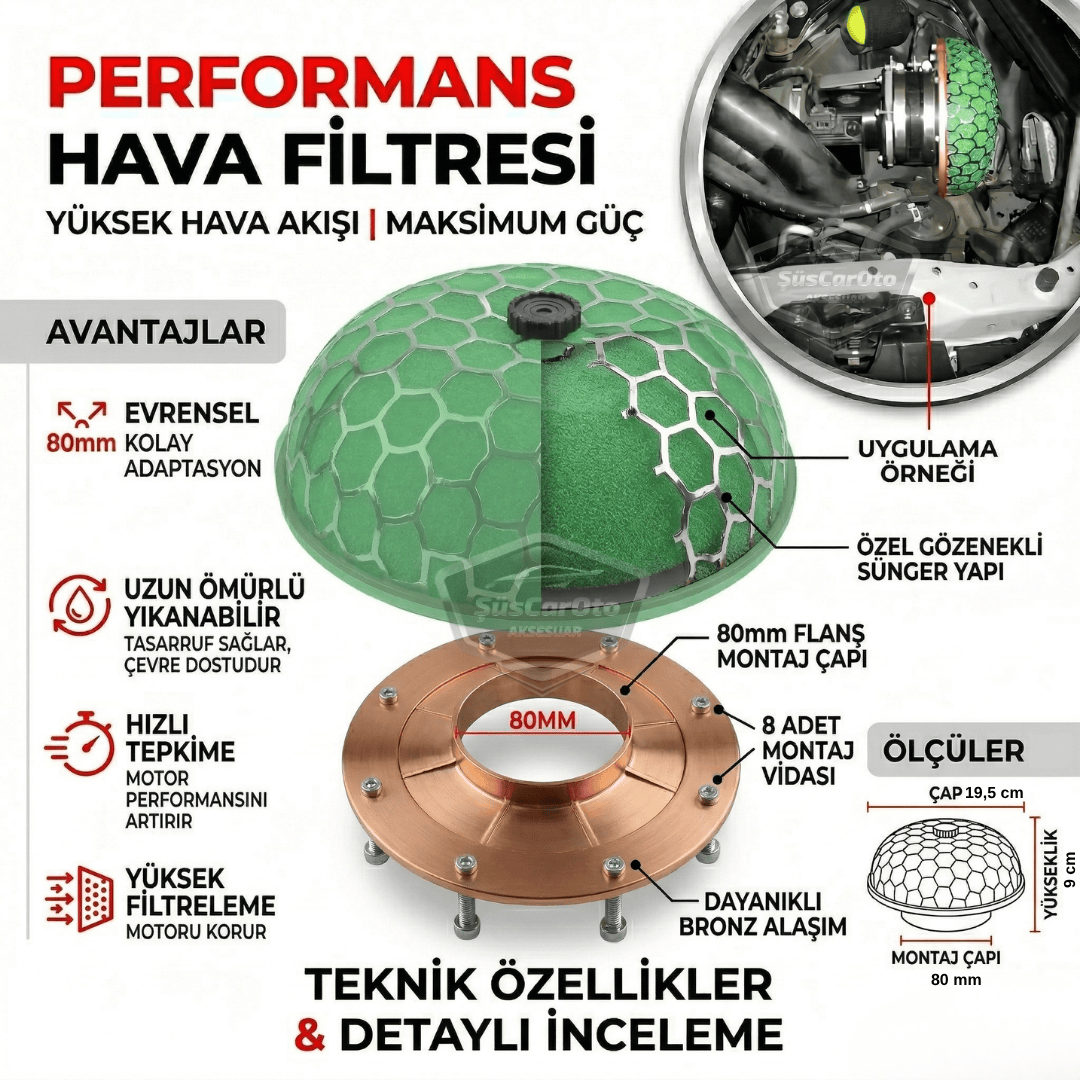 HKS Universal Performans ve Ses Arttırıcı Aparatlı Açık Hava Filtresi +6 Hp Yeşil Mantar Tip 80 mm