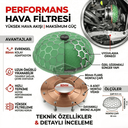 HKS Universal Performans ve Ses Arttırıcı Aparatlı Açık Hava Filtresi +6 Hp Yeşil Mantar Tip 80 mm