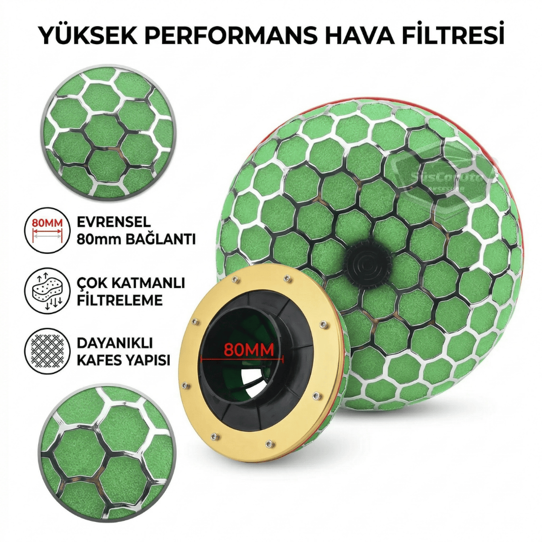 HKS Universal Performans ve Ses Arttırıcı Aparatlı Açık Hava Filtresi +6 Hp Yeşil Mantar Tip 80 mm