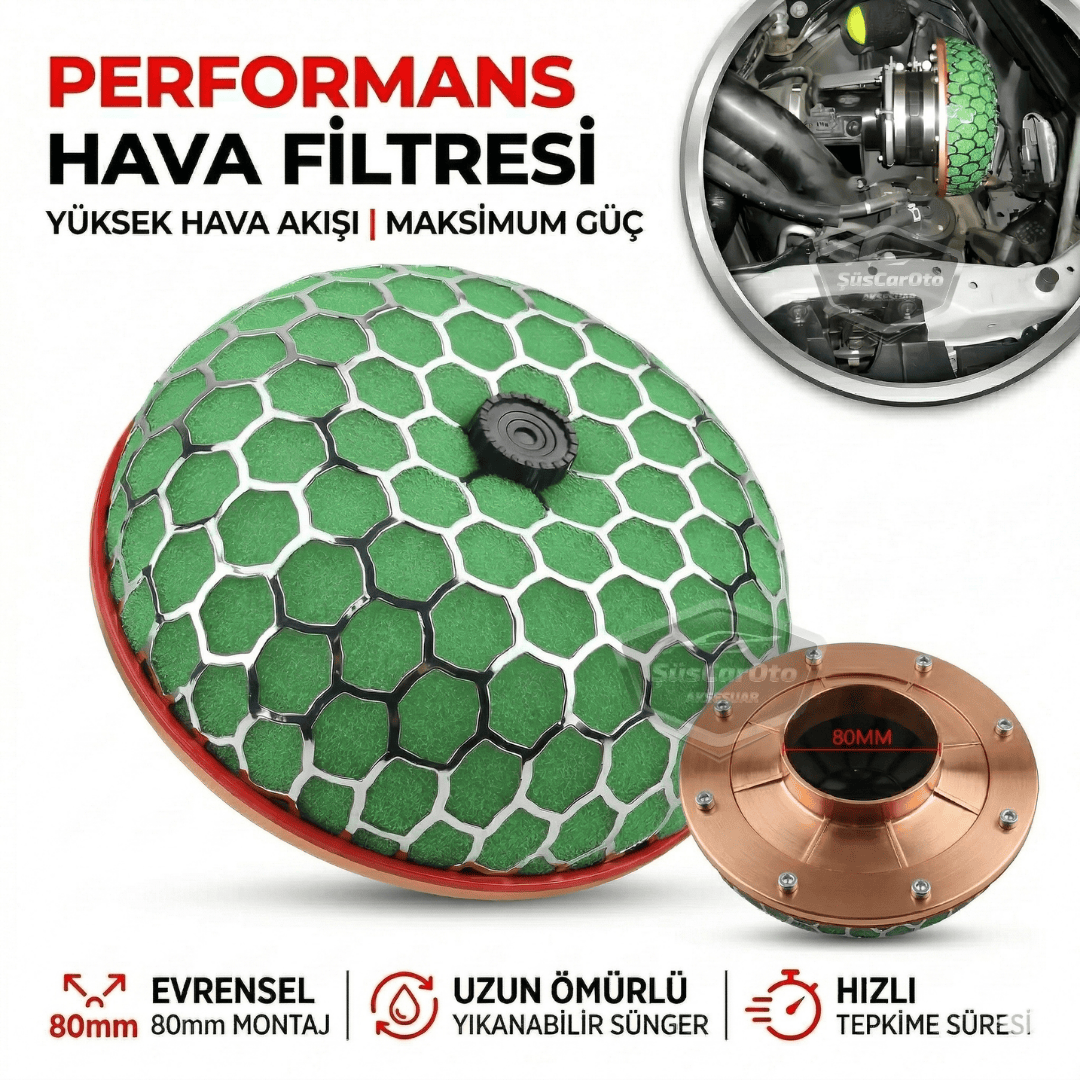 HKS Universal Performans ve Ses Arttırıcı Aparatlı Açık Hava Filtresi +6 Hp Yeşil Mantar Tip 80 mm