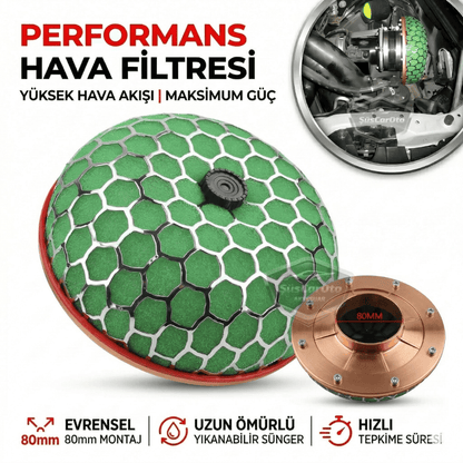 HKS Universal Performans ve Ses Arttırıcı Aparatlı Açık Hava Filtresi +6 Hp Yeşil Mantar Tip 80 mm