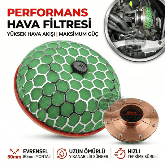 HKS Universal Performans ve Ses Arttırıcı Aparatlı Açık Hava Filtresi +6 Hp Yeşil Mantar Tip 80 mm