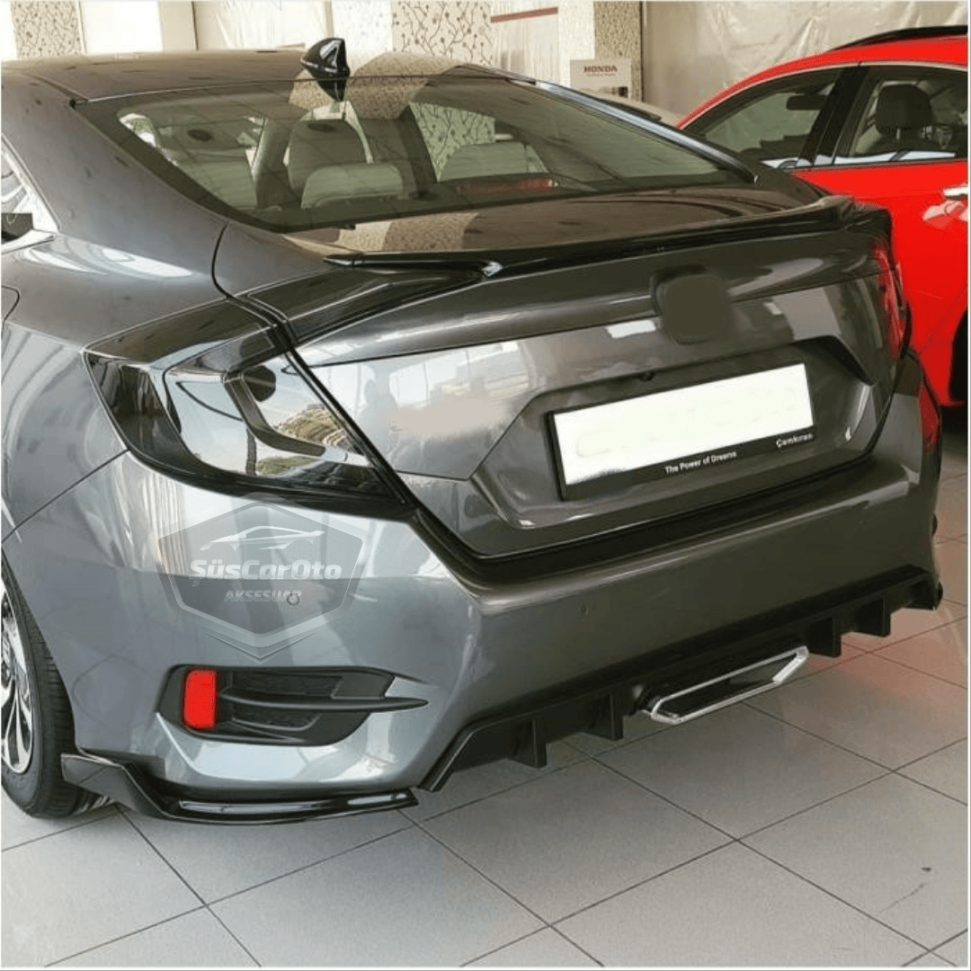 Honda Civic FC5 2016-2021 Araca Özel Parlak Siyah Arka Çıkıntılı Flap Kanatlı Arka Ek ABS Plastik Piano Black Arka Tampon Bıçak