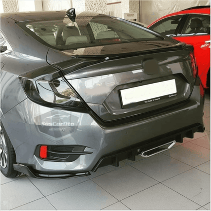 Honda Civic FC5 2016-2021 Araca Özel Parlak Siyah Arka Çıkıntılı Flap Kanatlı Arka Ek ABS Plastik Piano Black Arka Tampon Bıçak