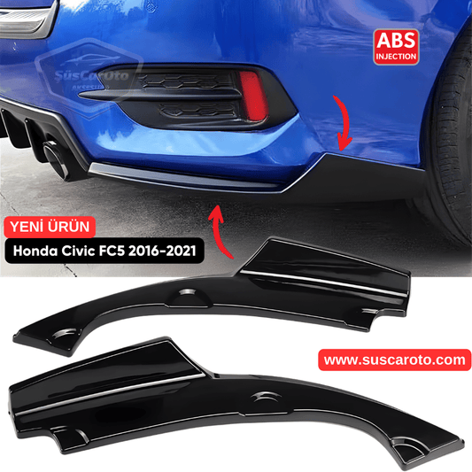 Honda Civic FC5 2016-2021 Araca Özel Parlak Siyah Arka Çıkıntılı Flap Kanatlı Arka Ek ABS Plastik Piano Black Arka Tampon Bıçak