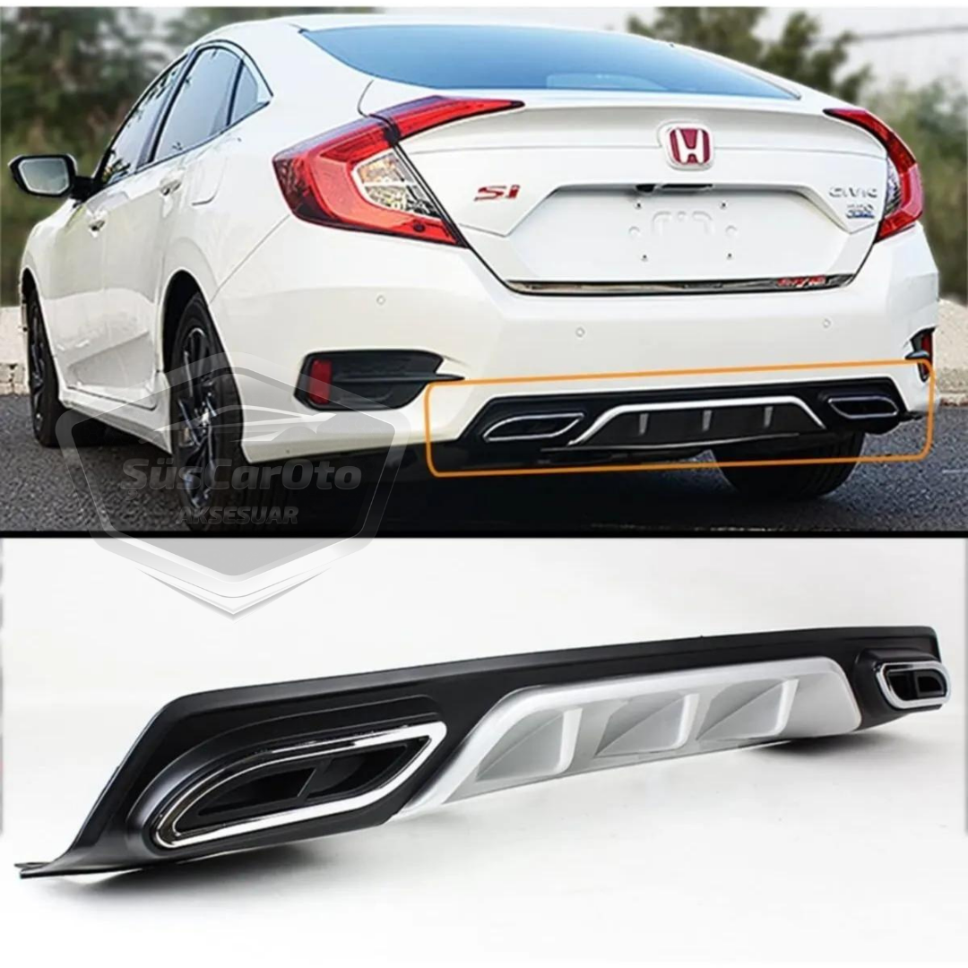 Honda Civic FC5 2016-2021 Difusor trasero negro y gris específico para vehículo con salidas de escape dobles cuadradas con garras, accesorio de parachoques trasero, importado de primera calidad DFZ15