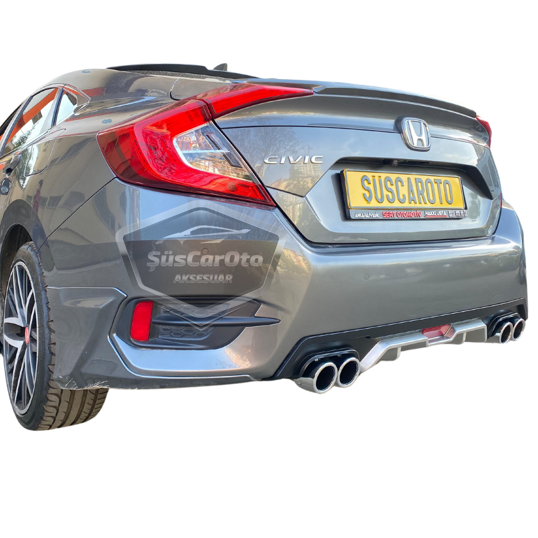 Honda Civic FC5 2016-2021 Difusor trasero exclusivo del vehículo, gris negro con pestañas, con 4 salidas de escape redondas, extensión de parachoques trasero importada de 1.ª clase DFZ37