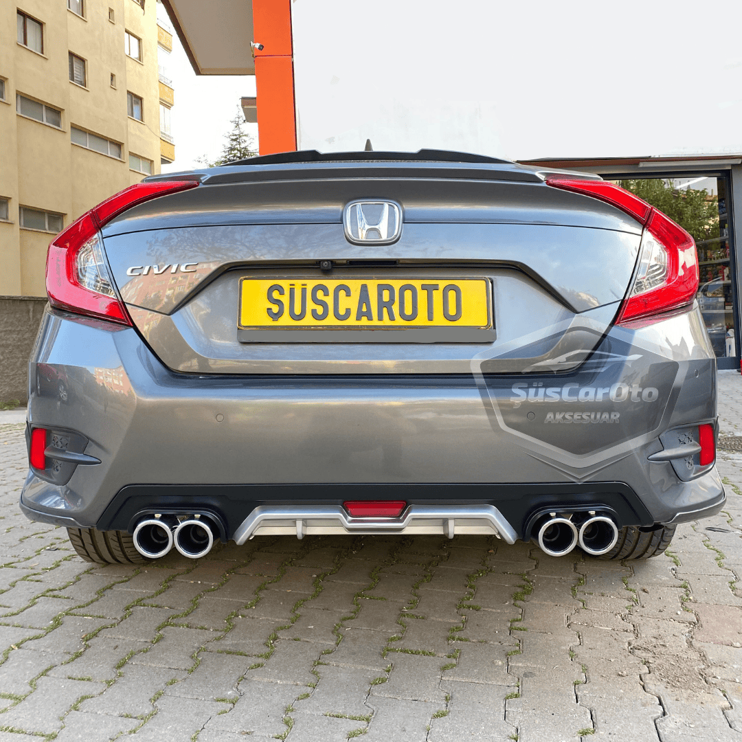 Honda Civic FC5 2016-2021 Difusor trasero exclusivo del vehículo, gris negro con pestañas, con 4 salidas de escape redondas, extensión de parachoques trasero importada de 1.ª clase DFZ37