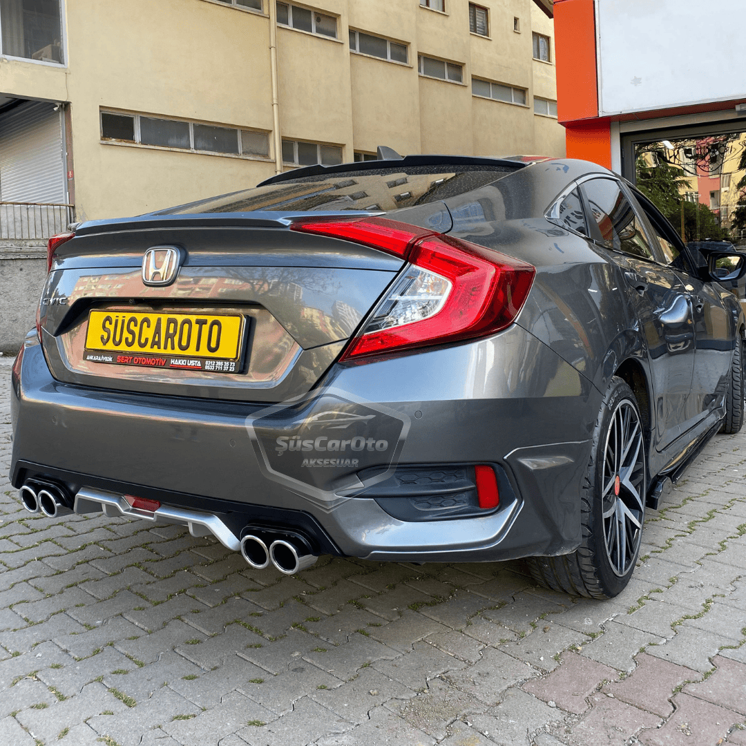 Honda Civic FC5 2016-2021 Difusor trasero exclusivo del vehículo, gris negro con pestañas, con 4 salidas de escape redondas, extensión de parachoques trasero importada de 1.ª clase DFZ37
